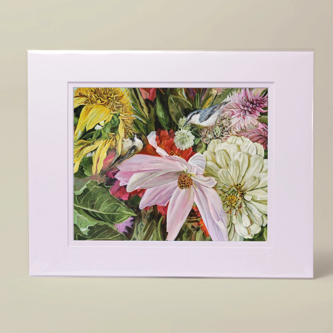 Secret Garden Collection Afternoon Delight Matted Print Featuring nuthatch and chickadee